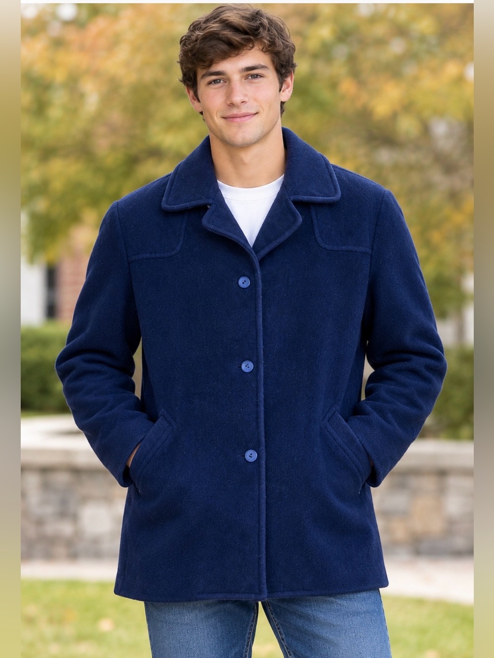 Vintage Pea Coat Mens Blue Wool Single Breast Button Lined Navy Jacket